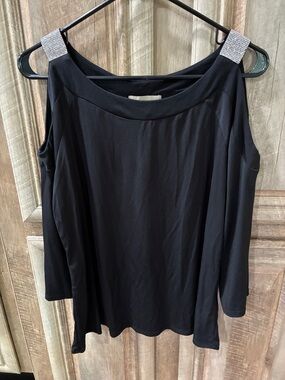 Black Cold-Shoulder Long Sleeve Top with Rhinestone Shoulder Straps